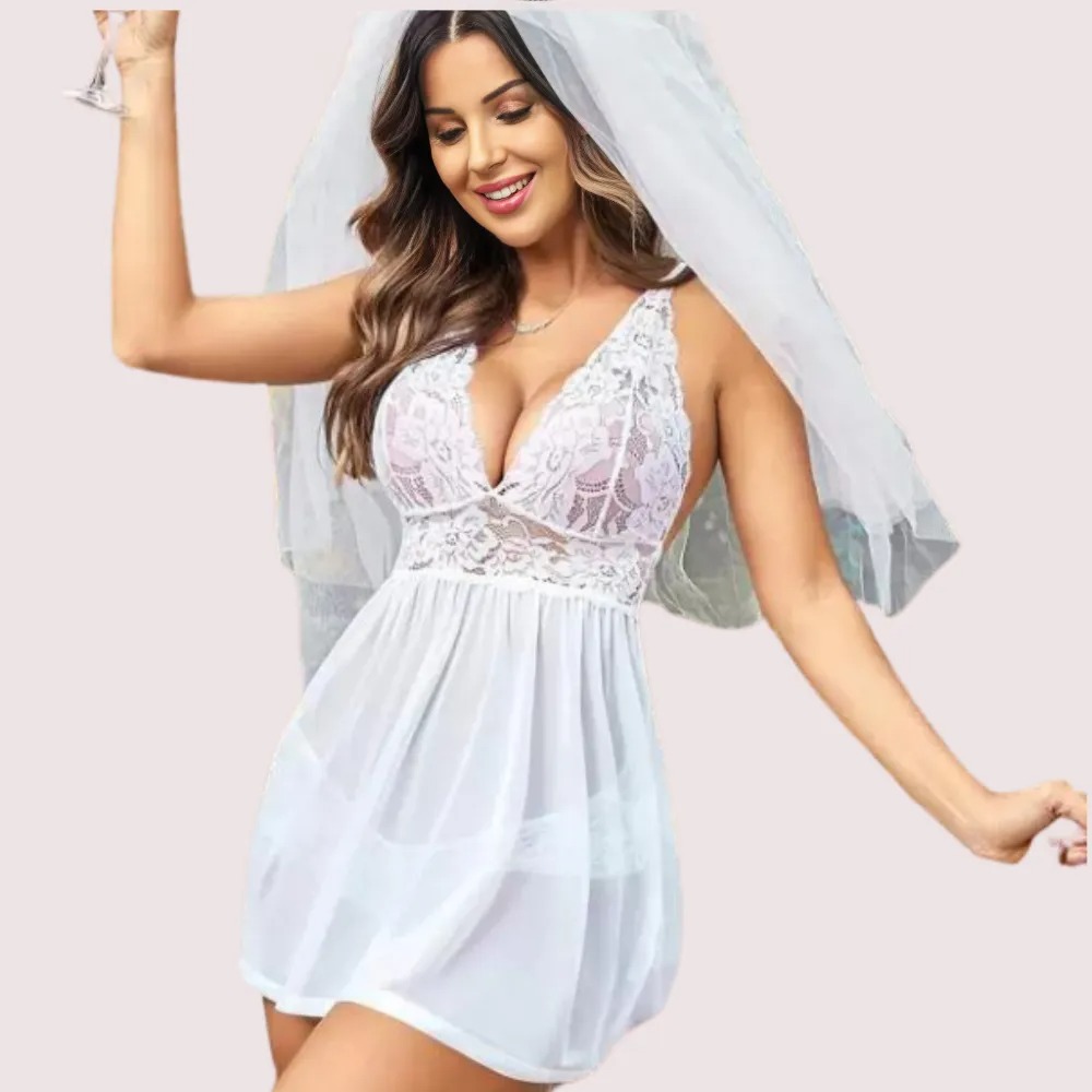 Bridal White Lace & Sheer Babydoll Nightwear image 4