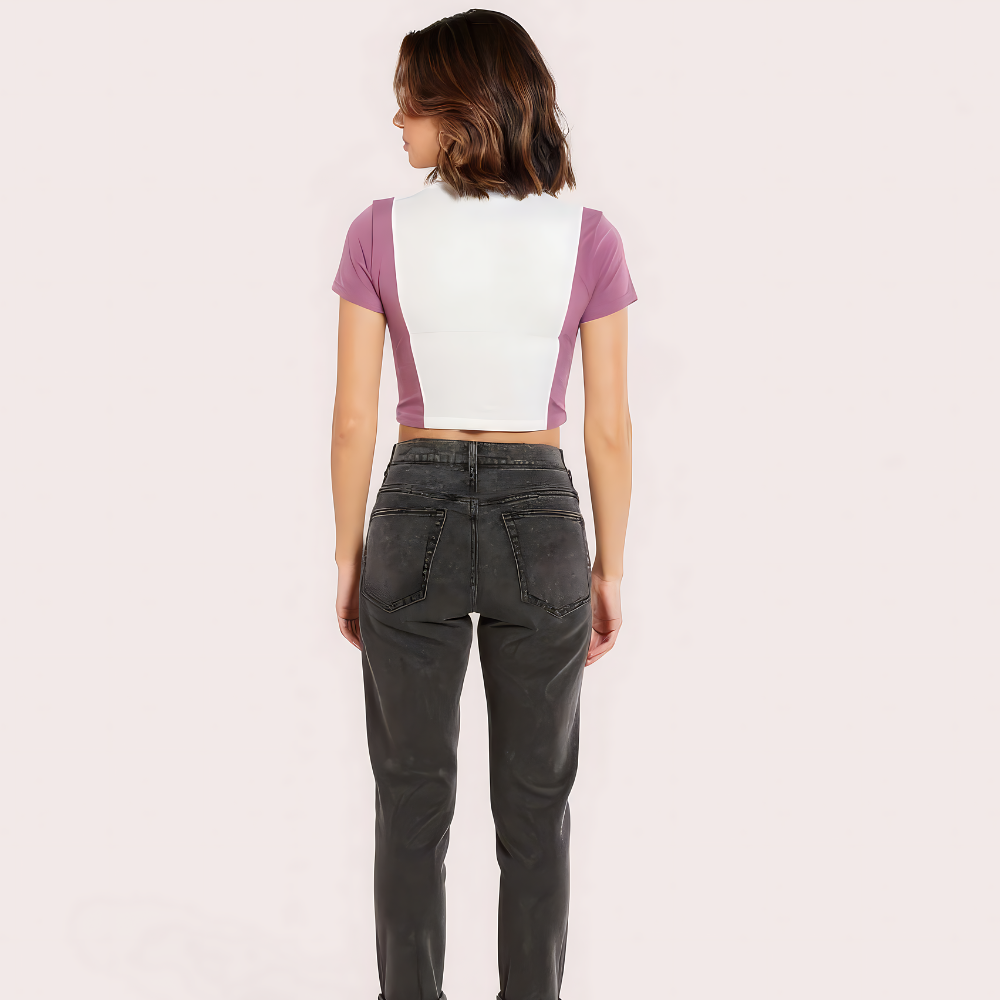"Campus Vibes" Colorblock Zip Crop Top – Lilac & White image 2